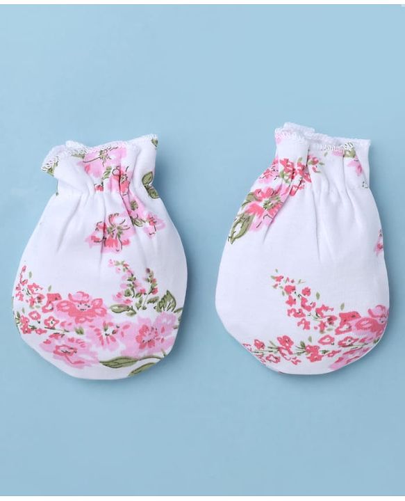 Babyhug 100% Cotton Interlock Knit Floral Printed Cap Mittens & Booties Set White Diameter - 16 cm