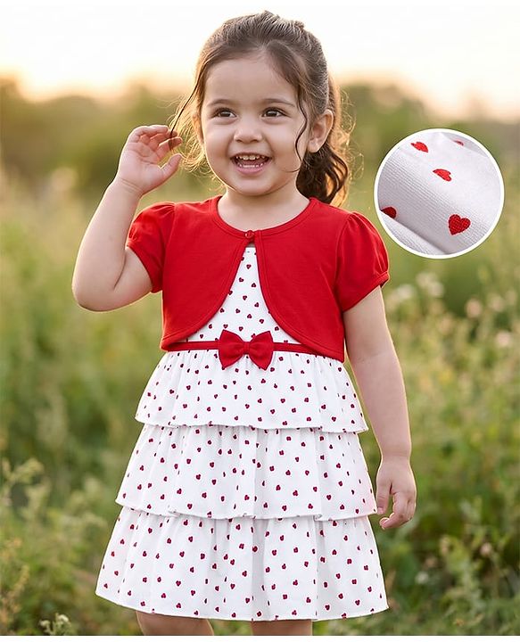 Babyhug Single Jersey Knit Half Sleeves Heart Printed Frock with Shrug - White