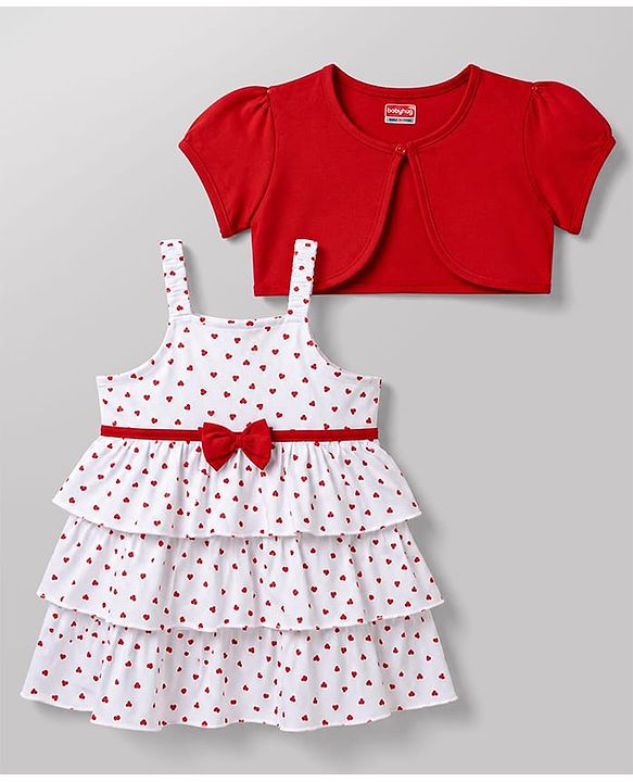 Babyhug Single Jersey Knit Half Sleeves Heart Printed Frock with Shrug - White