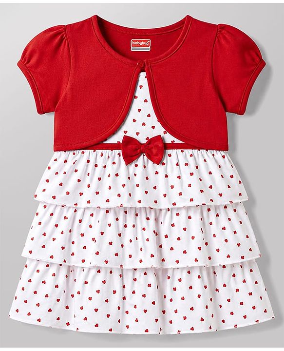Babyhug Single Jersey Knit Half Sleeves Heart Printed Frock with Shrug - White