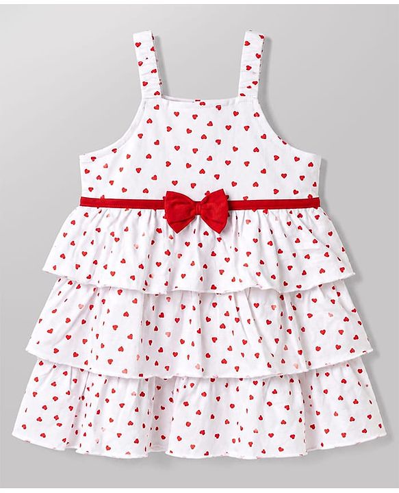 Babyhug Single Jersey Knit Half Sleeves Heart Printed Frock with Shrug - White