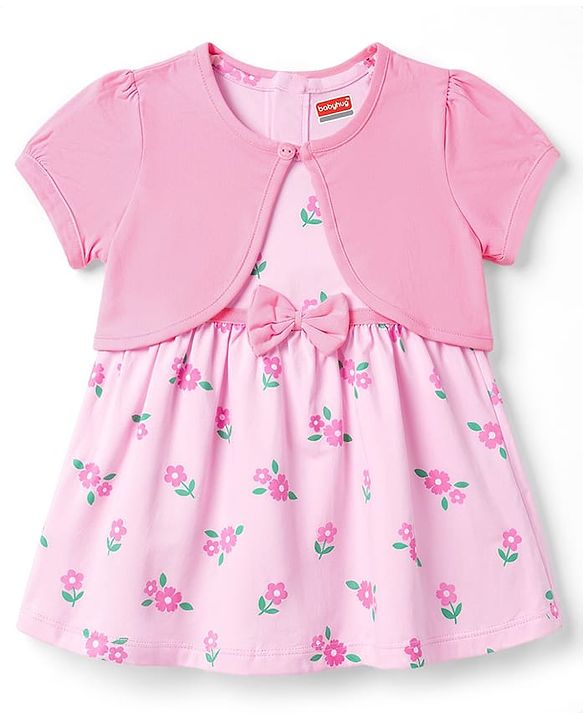 Babyhug Single Jersey Knit Floral Printed Frock with Half Sleeves Shrug & Bow - Pink