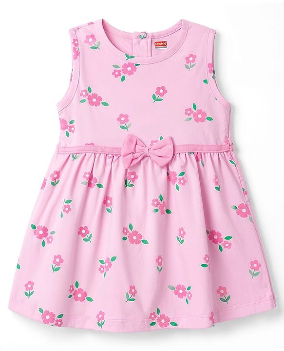 Babyhug Single Jersey Knit Floral Printed Frock with Half Sleeves Shrug & Bow - Pink