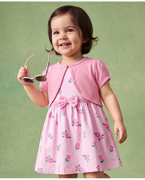 Babyhug Single Jersey Knit Floral Printed Frock with Half Sleeves Shrug & Bow - Pink