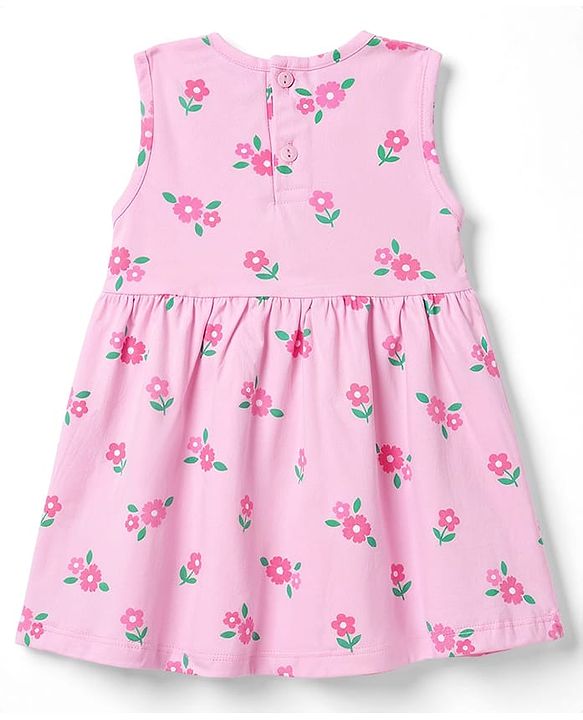 Babyhug Single Jersey Knit Floral Printed Frock with Half Sleeves Shrug & Bow - Pink