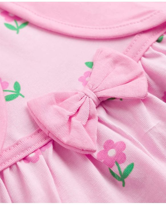 Babyhug Single Jersey Knit Floral Printed Frock with Half Sleeves Shrug & Bow - Pink