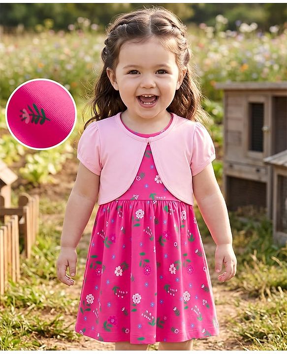 Babyhug Single Jersey Knit Frock and Shrug with Half Sleeves and Floral Print - Pink
