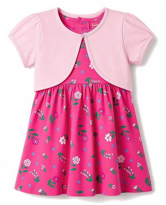 Babyhug Single Jersey Knit Frock and Shrug with Half Sleeves and Floral Print - Pink