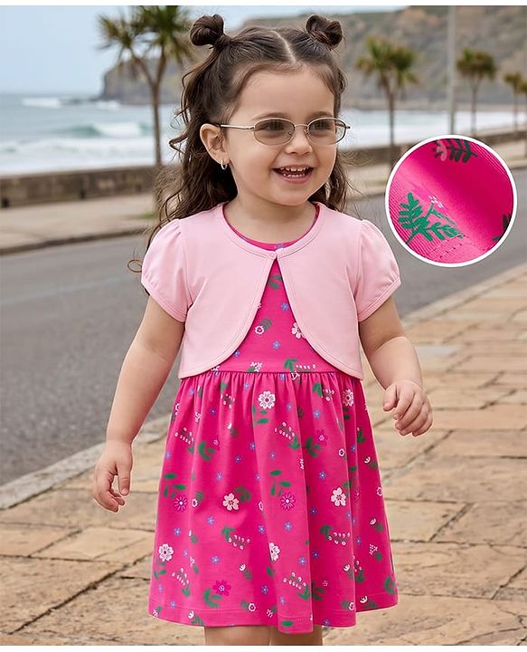 Babyhug Single Jersey Knit Frock and Shrug with Half Sleeves and Floral Print - Pink