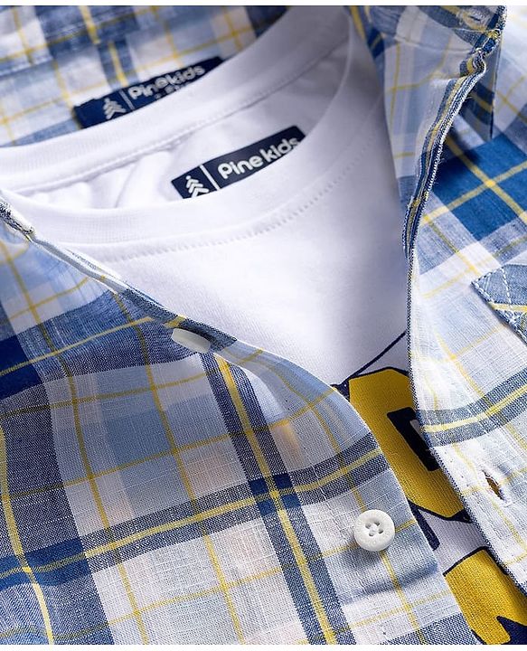 Pine Kids Cotton Woven Checks Twofer Shirt with Full Sleeves - Blue