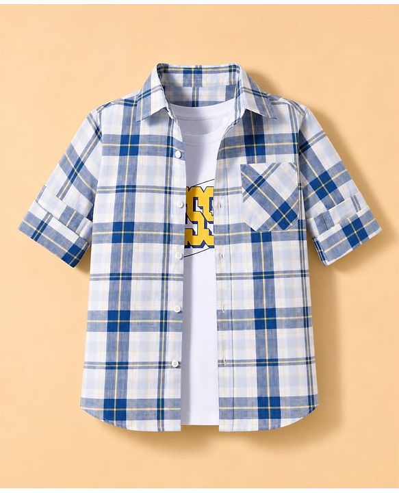 Pine Kids Cotton Woven Checks Twofer Shirt with Full Sleeves - Blue