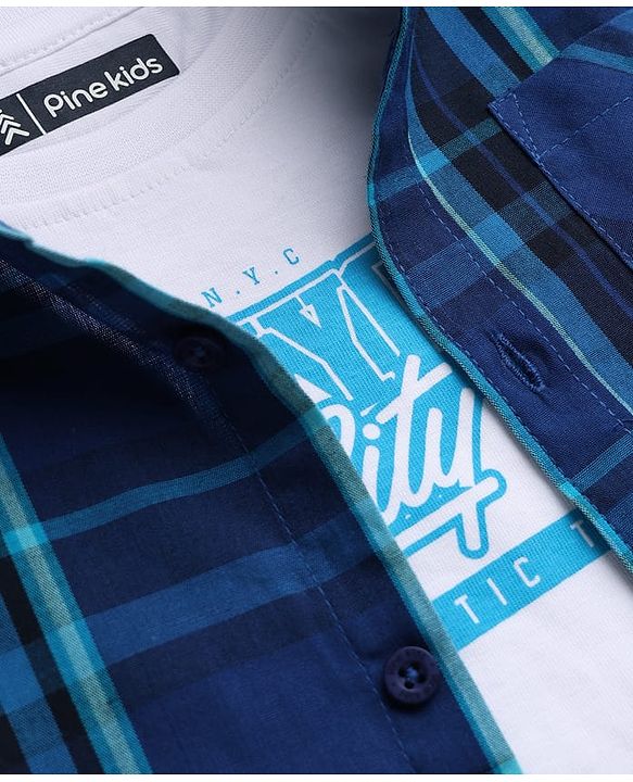 Pine Kids Cotton Woven Checks Twofer Shirt with Half Sleeves -  Blue