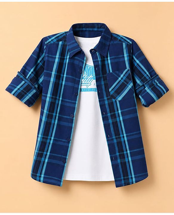 Pine Kids Cotton Woven Checks Twofer Shirt with Half Sleeves -  Blue