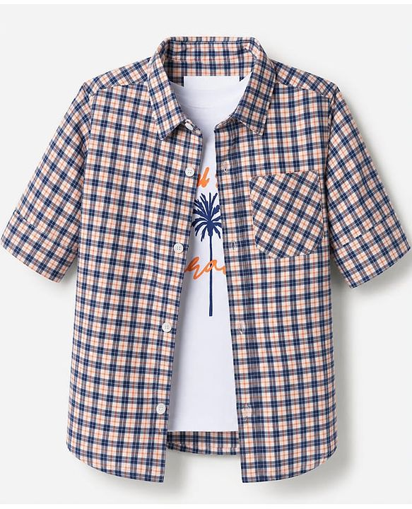 Pine Kids Cotton Woven Checks Twofer Shirt with Full Sleeves - Navy Blue