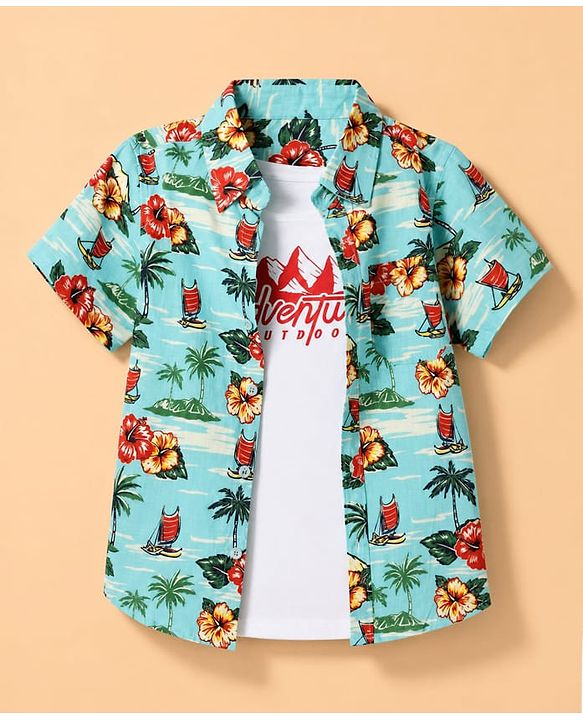 Pine Kids Cotton Woven Half Sleeves Twofer Shirt with Floral & Beach Theme Print - Turquoise