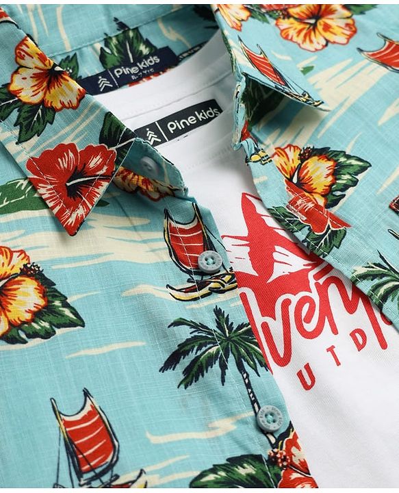 Pine Kids Cotton Woven Half Sleeves Twofer Shirt with Floral & Beach Theme Print - Turquoise