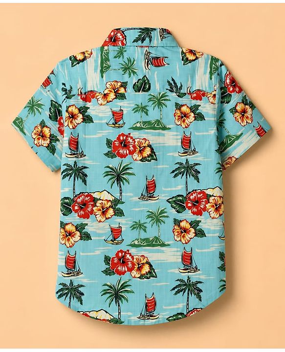 Pine Kids Cotton Woven Half Sleeves Twofer Shirt with Floral & Beach Theme Print - Turquoise