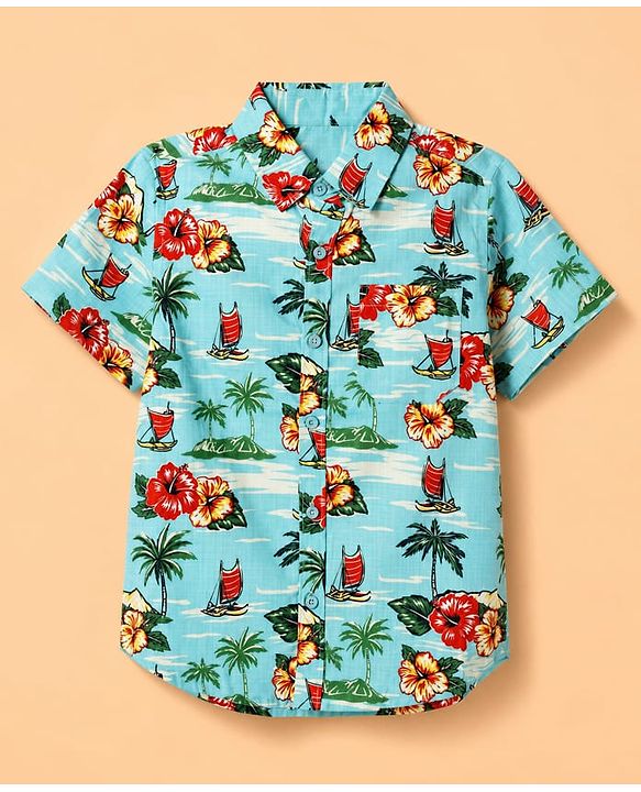 Pine Kids Cotton Woven Half Sleeves Twofer Shirt with Floral & Beach Theme Print - Turquoise