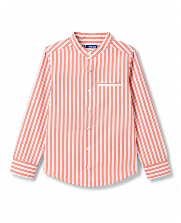 Pine Kids 100% Cotton Woven Full Sleeves Striped Shirt - Orange