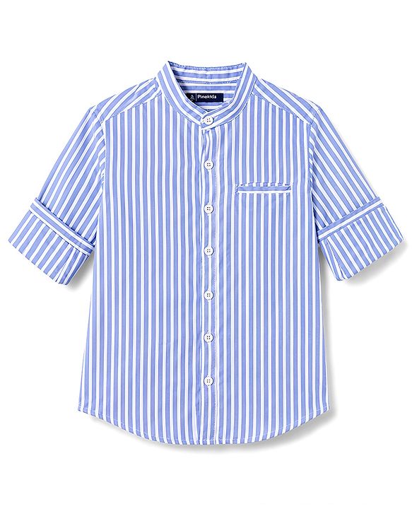 Pine Kids Cotton Woven Striped Shirts with Mandarin Collar Blue 4-5 Years