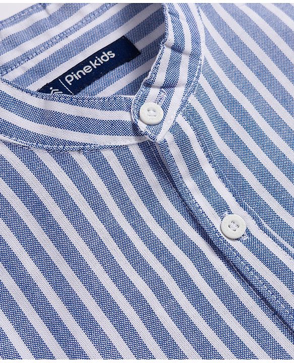 Pine Kids Cotton Woven Striped Shirts with Mandarin Collar Blue 4-5 Years