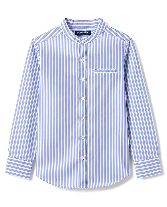 Pine Kids Cotton Woven Striped Shirts with Mandarin Collar Blue 4-5 Years