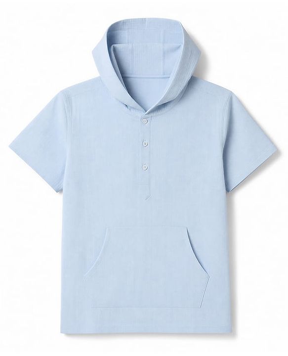 Pine Kids Cotton Woven Half Sleeves Solid Colour Hooded Shirt with Kangaroo Pockets - Light Blue