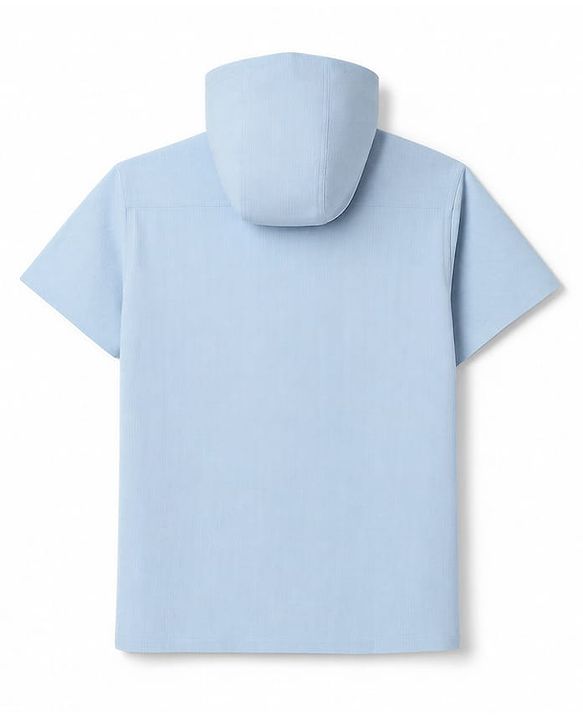 Pine Kids Cotton Woven Half Sleeves Solid Colour Hooded Shirt with Kangaroo Pockets - Light Blue
