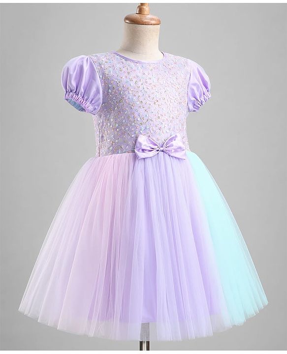 Pine Kids Cotton Woven Half Sleeves Floral Embroidered Party Dress With Bow Applique - Lilac