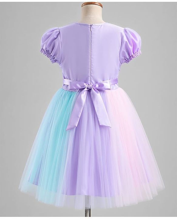 Pine Kids Cotton Woven Half Sleeves Floral Embroidered Party Dress With Bow Applique - Lilac
