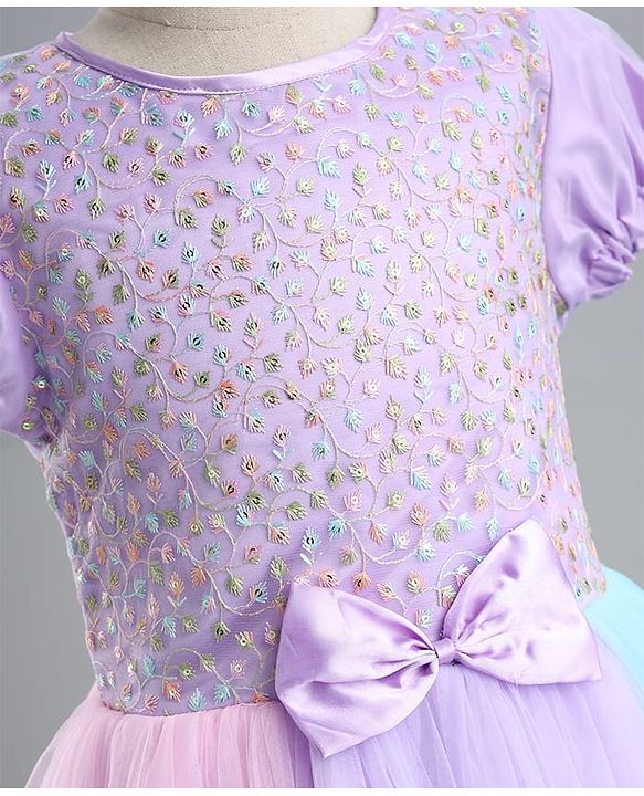 Pine Kids Cotton Woven Half Sleeves Floral Embroidered Party Dress With Bow Applique - Lilac