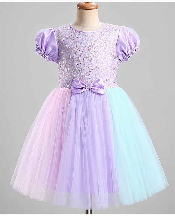 Pine Kids Cotton Woven Half Sleeves Floral Embroidered Party Dress With Bow Applique - Lilac