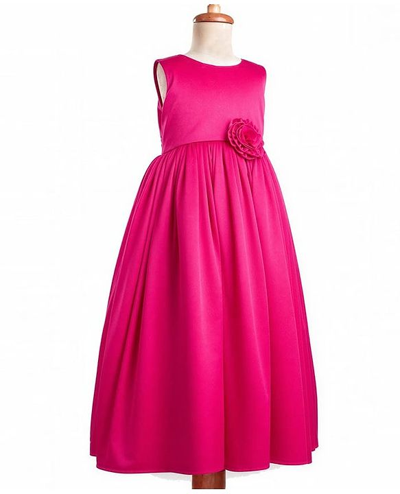 Pine Kids Cotton Woven Sleeveless Solid Party Dress With Floral Applique - Dark Pink