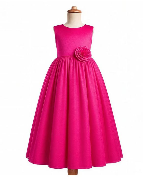Pine Kids Cotton Woven Sleeveless Solid Party Dress With Floral Applique - Dark Pink