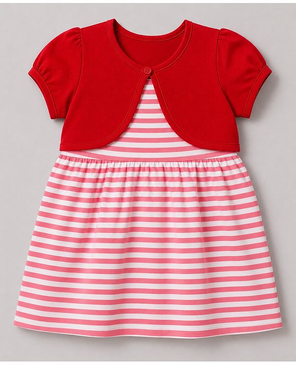 Babyhug Cotton Knit  Half Sleeves  Striped Frock with Shrug - Pink