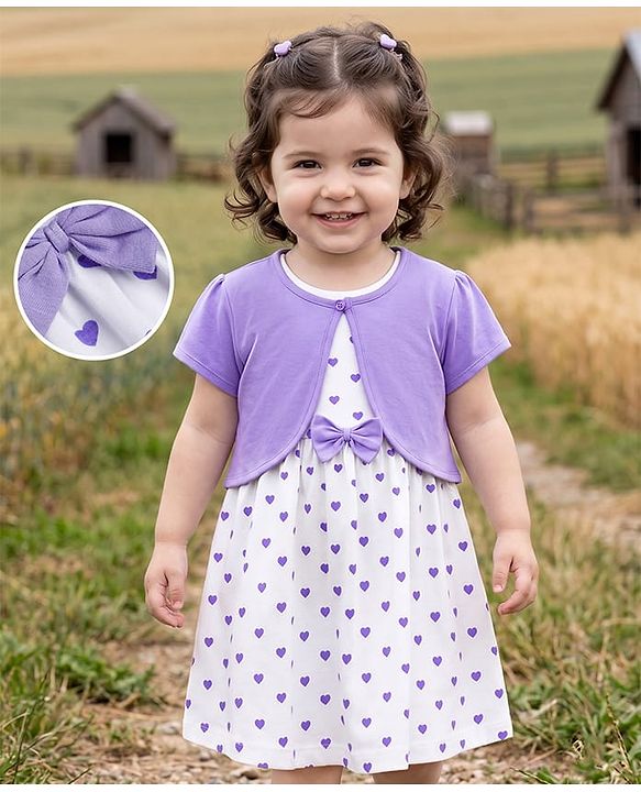 Babyhug Cotton Knit Frock and Shrug with Half Sleeves and Hearts Print in White