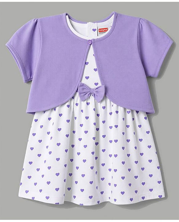 Babyhug Cotton Knit Frock and Shrug with Half Sleeves and Hearts Print in White