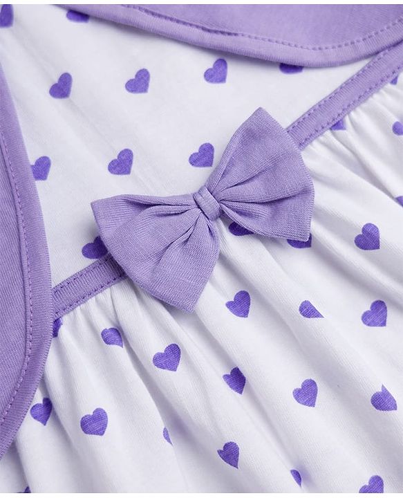 Babyhug Cotton Knit Frock and Shrug with Half Sleeves and Hearts Print in White