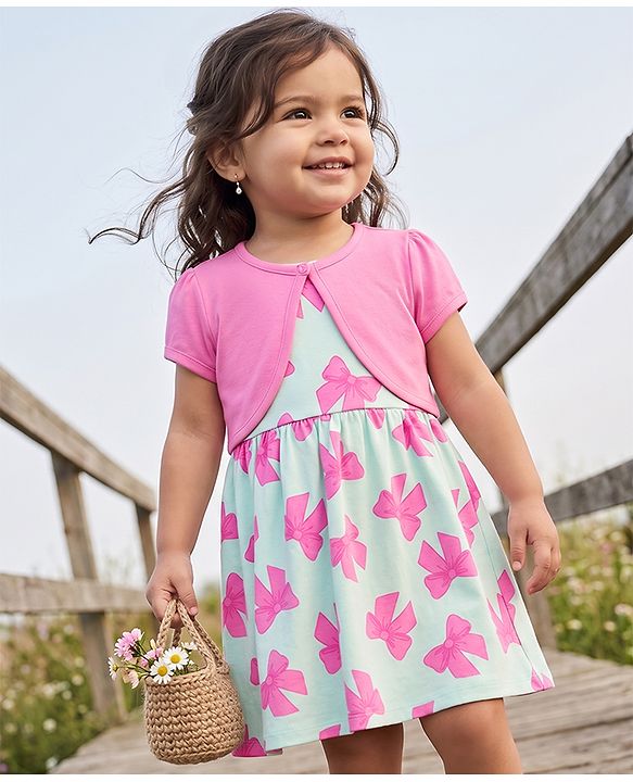 Babyhug Single Jersey Knit Half Sleeves Bow Printed Frock With Shrug - Pink