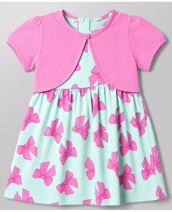 Babyhug Single Jersey Knit Half Sleeves Bow Printed Frock With Shrug - Pink