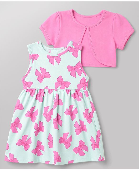 Babyhug Single Jersey Knit Half Sleeves Bow Printed Frock With Shrug - Pink