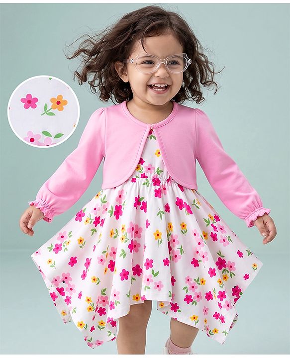Babyhug Single Jersey Knit Full Sleeves Shrug With Floral Printed Frock - White