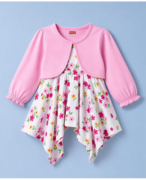 Babyhug Single Jersey Knit Full Sleeves Shrug With Floral Printed Frock - White