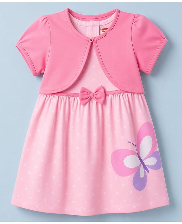 Babyhug Single Jersey Knit Frock & Half Sleeves Shrug with Butterfly Print - Pink