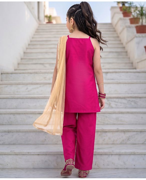Pine Kids Woven Sleeveless Embellished Kurta & Churidar Se With Dupatta - Violet