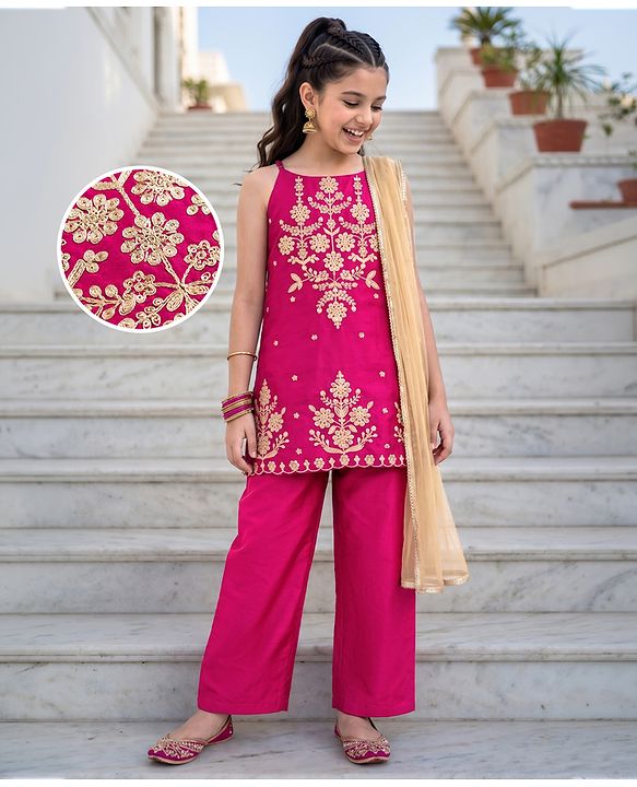 Pine Kids Woven Sleeveless Embellished Kurta & Churidar Se With Dupatta - Violet