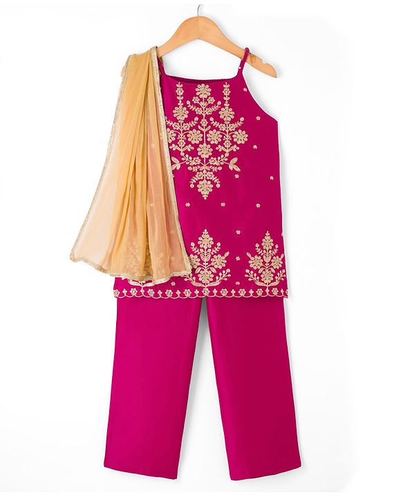 Pine Kids Woven Sleeveless Embellished Kurta & Churidar Se With Dupatta - Violet