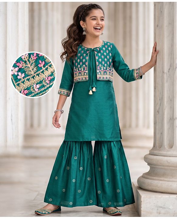Pine Kids Viscose Woven Three Fourth Sleeves Kurta, Sharara & Dupatta Set With Floral Embroidery - Green