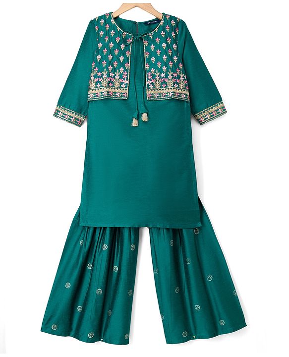 Pine Kids Viscose Woven Three Fourth Sleeves Kurta, Sharara & Dupatta Set With Floral Embroidery - Green
