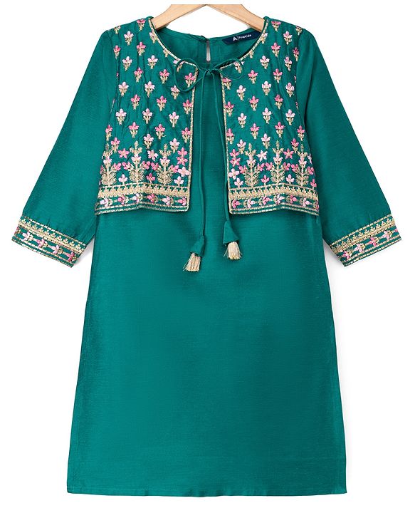Pine Kids Viscose Woven Three Fourth Sleeves Kurta, Sharara & Dupatta Set With Floral Embroidery - Green